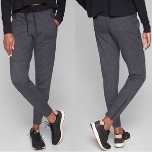 Athleta Flux Street Jogger Pants Dark Gray w Black Waistband Zipper Ankle, Sz S
